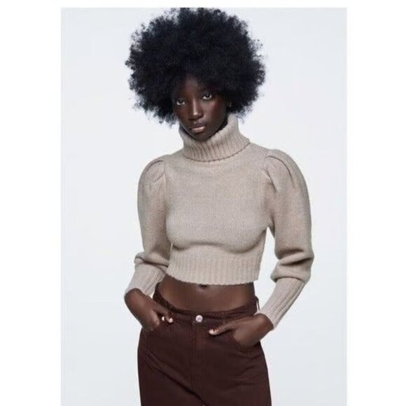 Zara Brown Cropped Turtleneck Puff Sleeves & Ribbed Cuffs Women's Sweater Size M - Picture 1 of 9